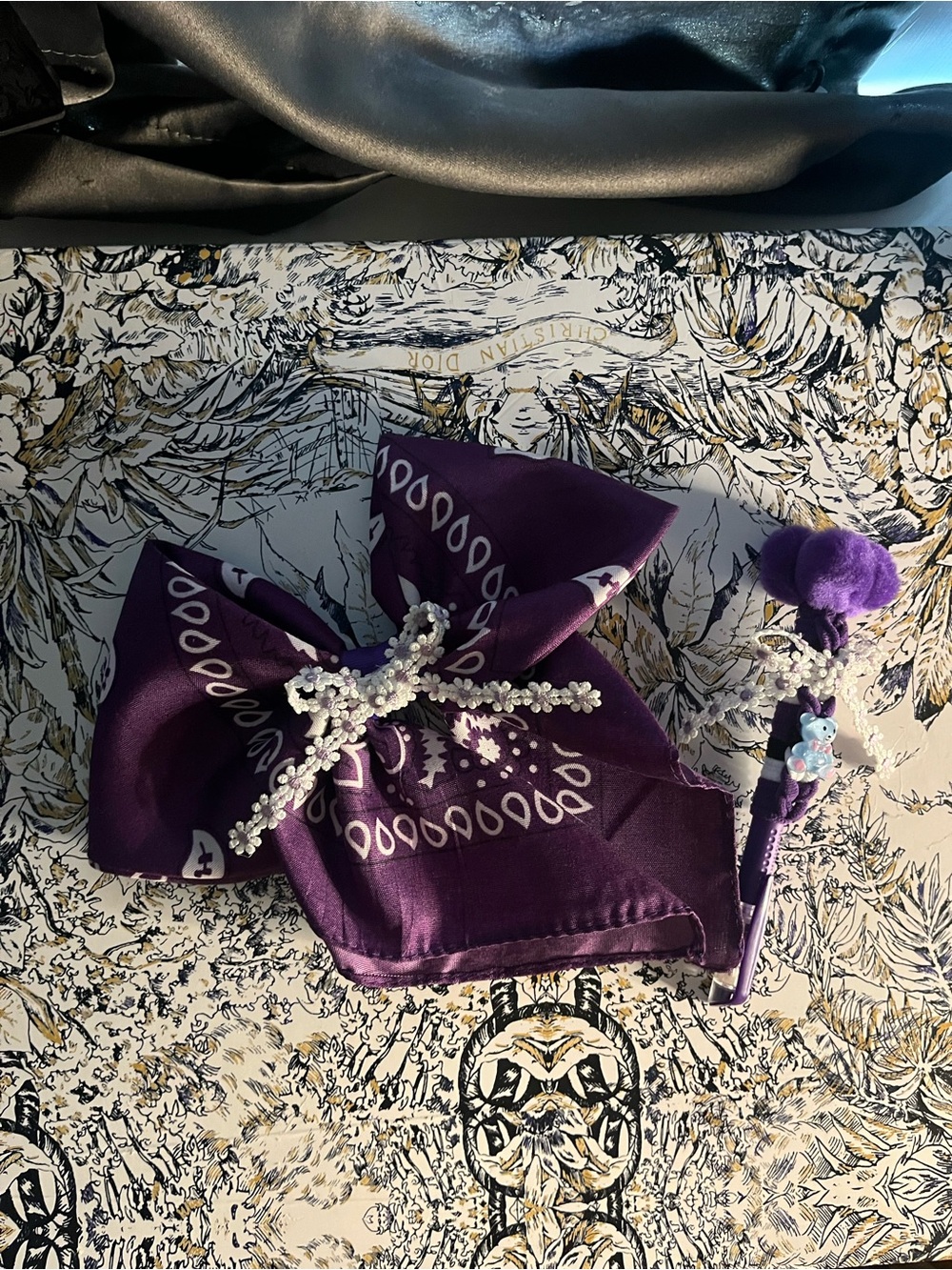 Handmade Purple Bandana-Style Hair Clip Pom Pom Pen Set